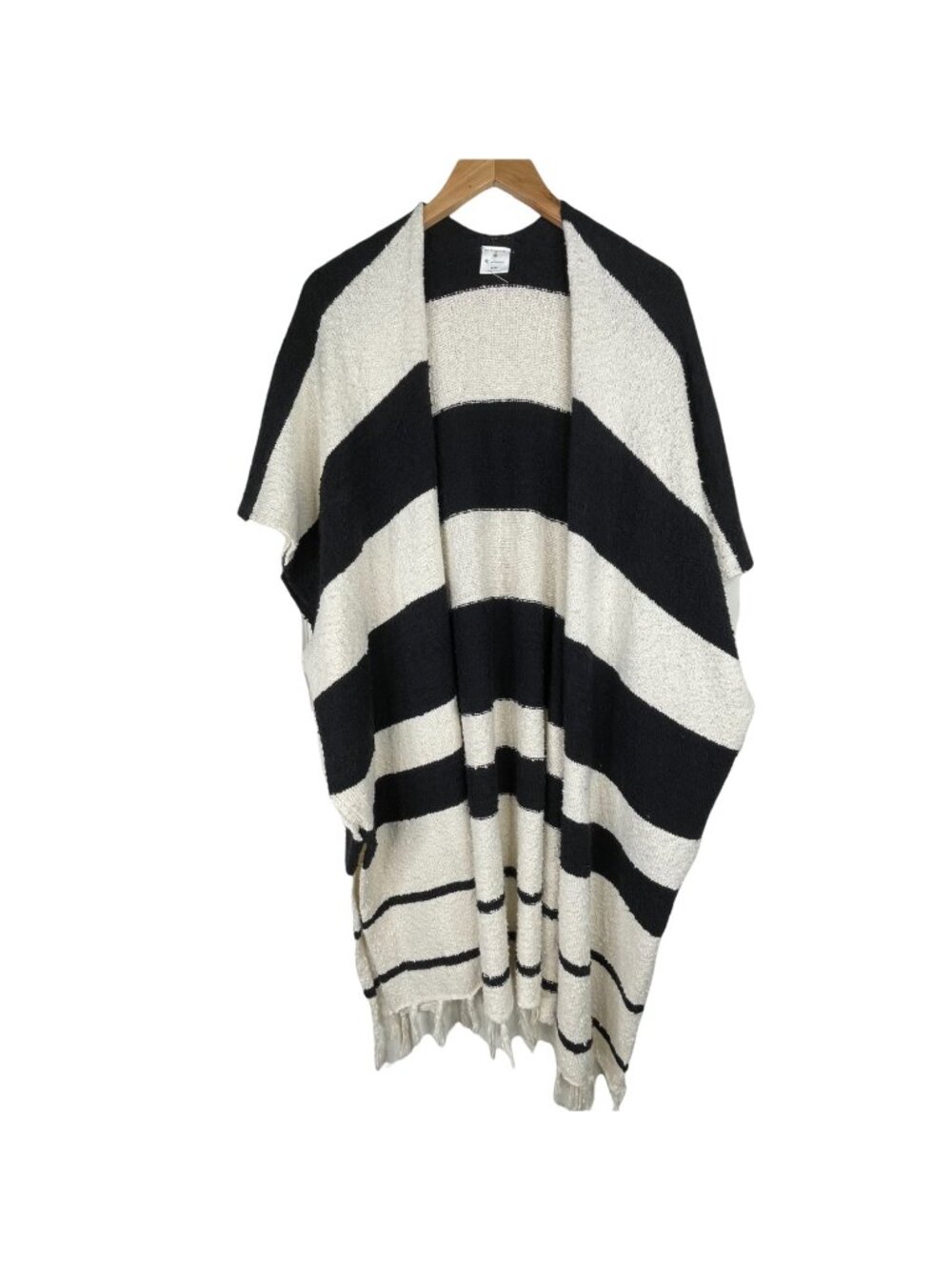 By Together Cardigan Small Medium Striped Fringe Poncho Hippie Black Cream